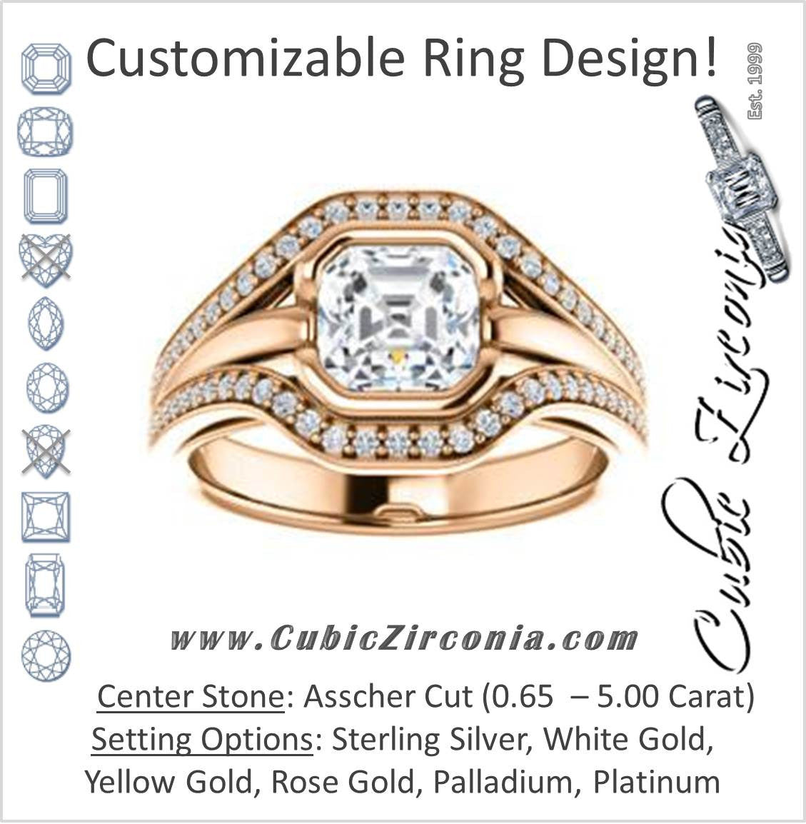 Cubic Zirconia Engagement Ring- The Magdalena Oha (Customizable Bezel-set Asscher Cut Style with Wide Tri-split Pavé Band)