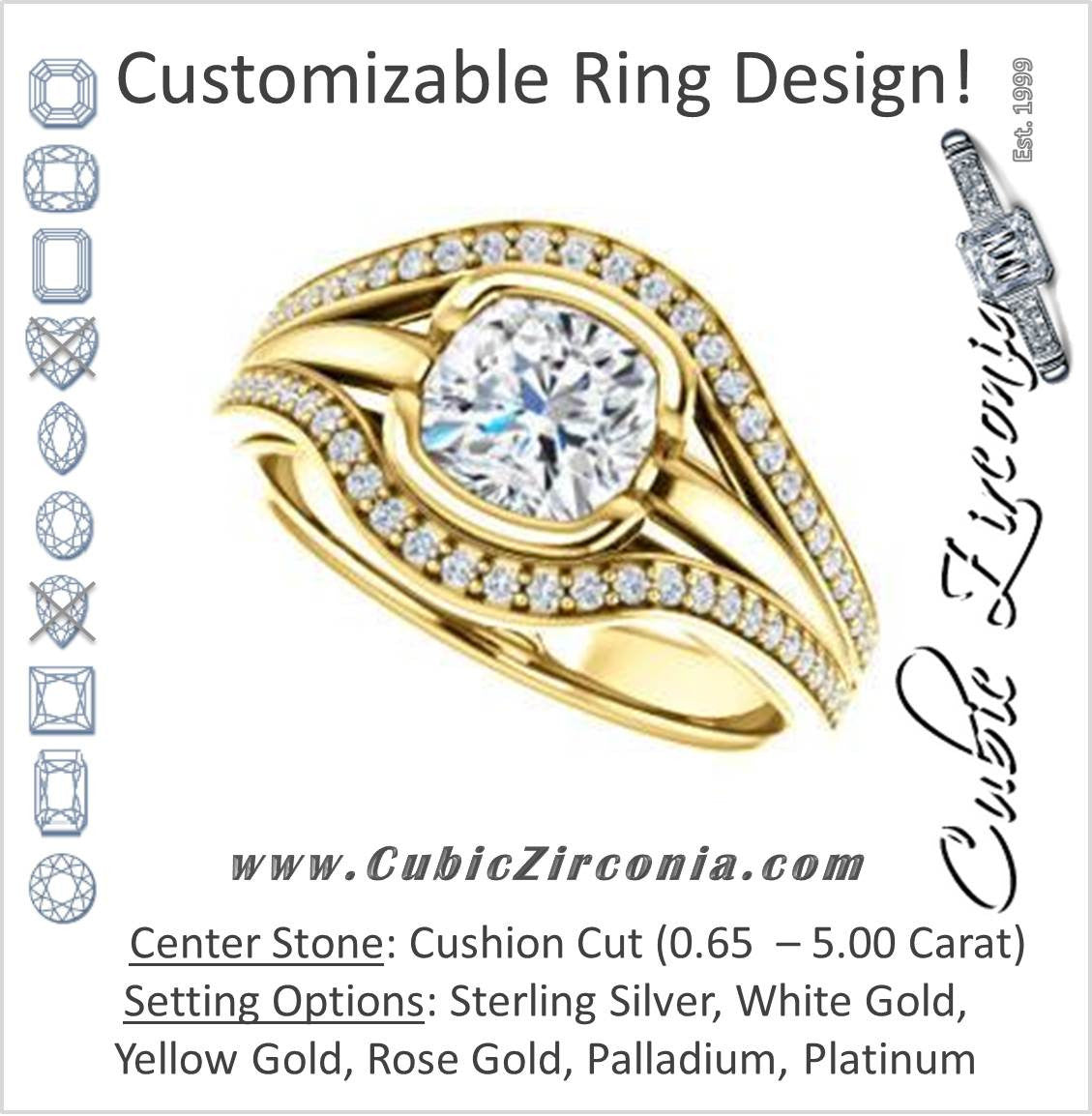 Cubic Zirconia Engagement Ring- The Magdalena Oha (Customizable Bezel-set Cushion Cut Style with Wide Tri-split Pavé Band)