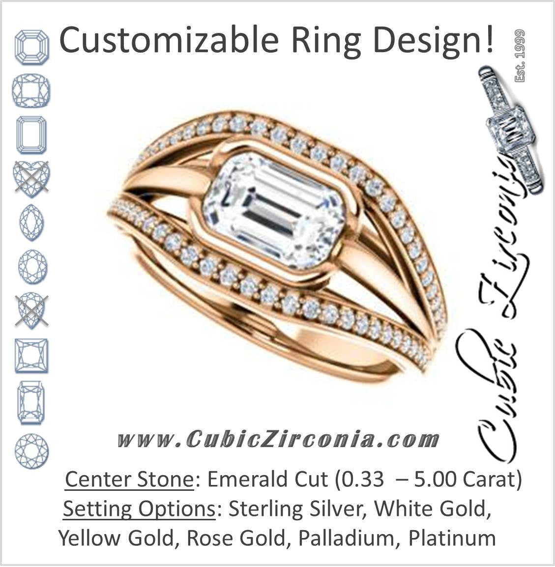 Cubic Zirconia Engagement Ring- The Magdalena Oha (Customizable Bezel-set Emerald Cut Style with Wide Tri-split Pavé Band)