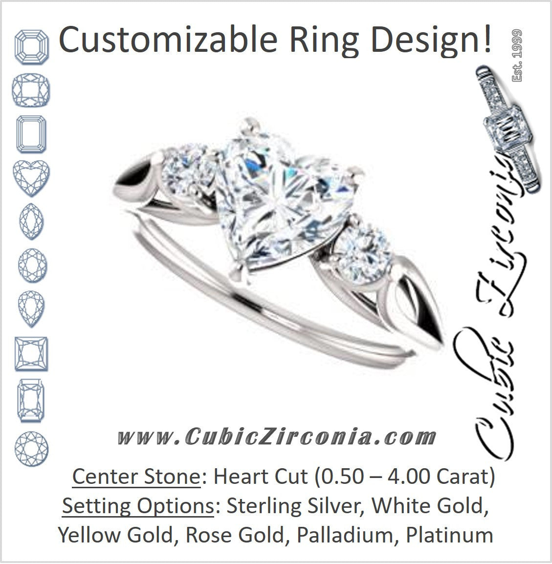 Cubic Zirconia Engagement Ring- The Mahlia (Customizable 3-stone Design with Heart Cut Center, Round Accents and Split Band)