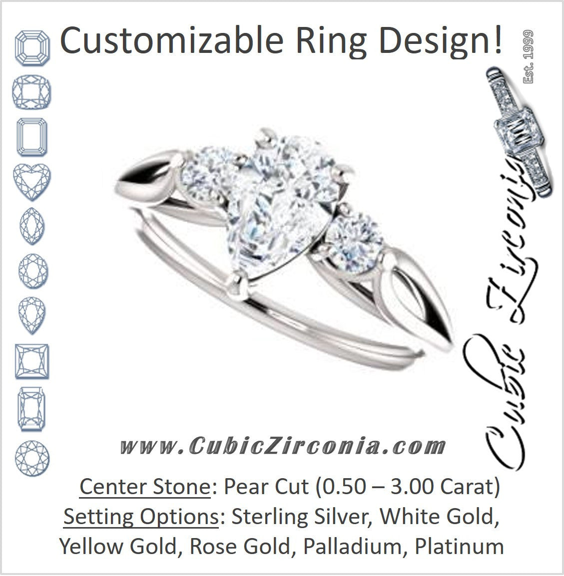 Cubic Zirconia Engagement Ring- The Mahlia (Customizable 3-stone Design with Pear Cut Center, Round Accents and Split Band)