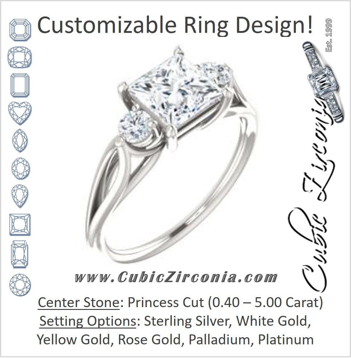 Cubic Zirconia Engagement Ring- The Mahlia (Customizable 3-stone Design with Princess Cut Center, Round Accents and Split Band)