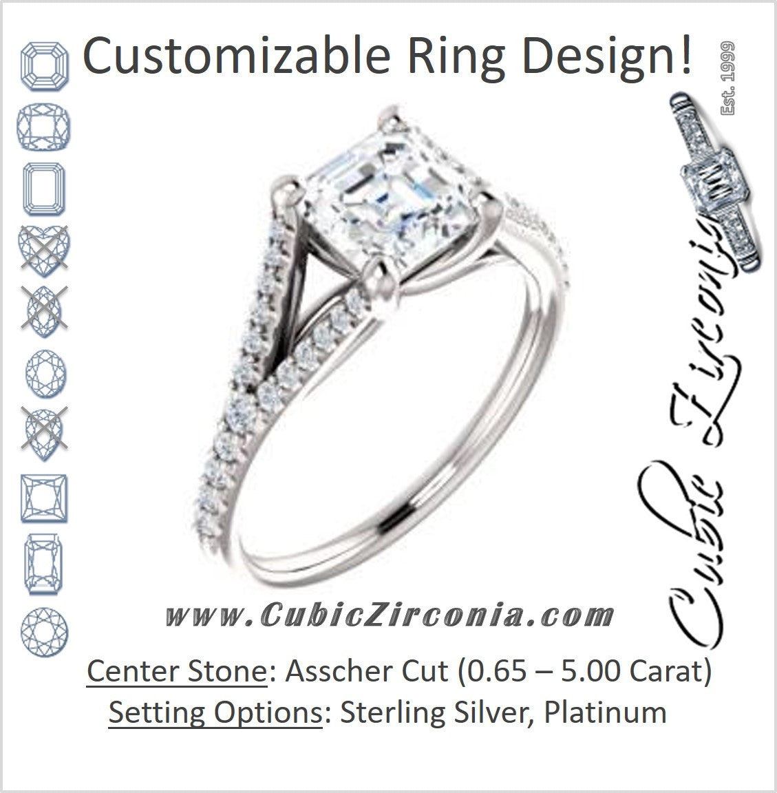 Cubic Zirconia Engagement Ring- The Mailynne (Customizable Asscher Cut Style with Split-Pavé Band)