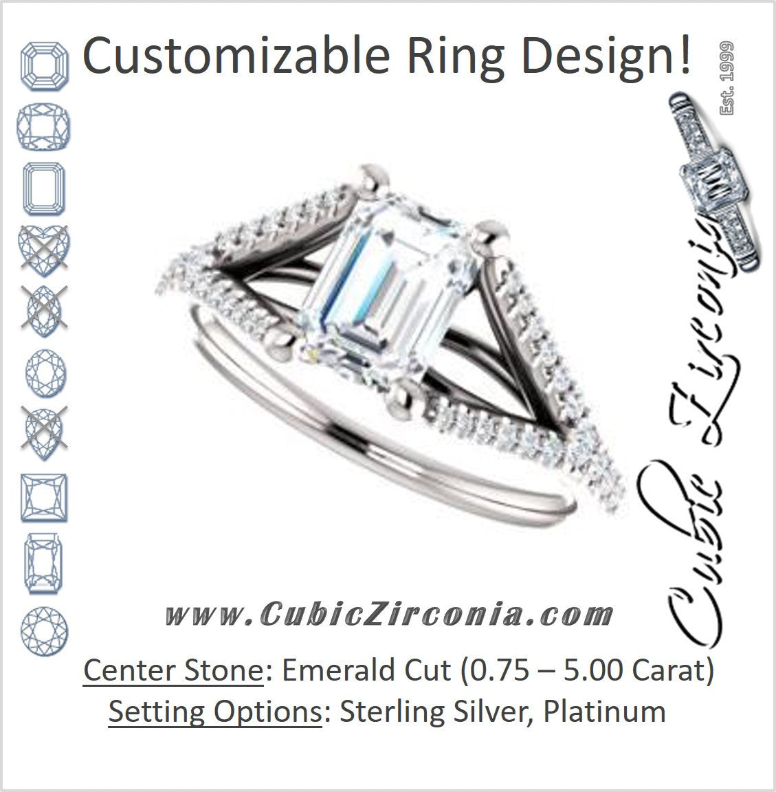 Cubic Zirconia Engagement Ring- The Mailynne (Customizable Emerald Cut Style with Split-Pavé Band)