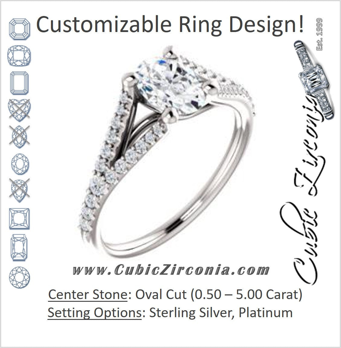 Cubic Zirconia Engagement Ring- The Mailynne (Customizable Oval Cut Style with Split-Pavé Band)