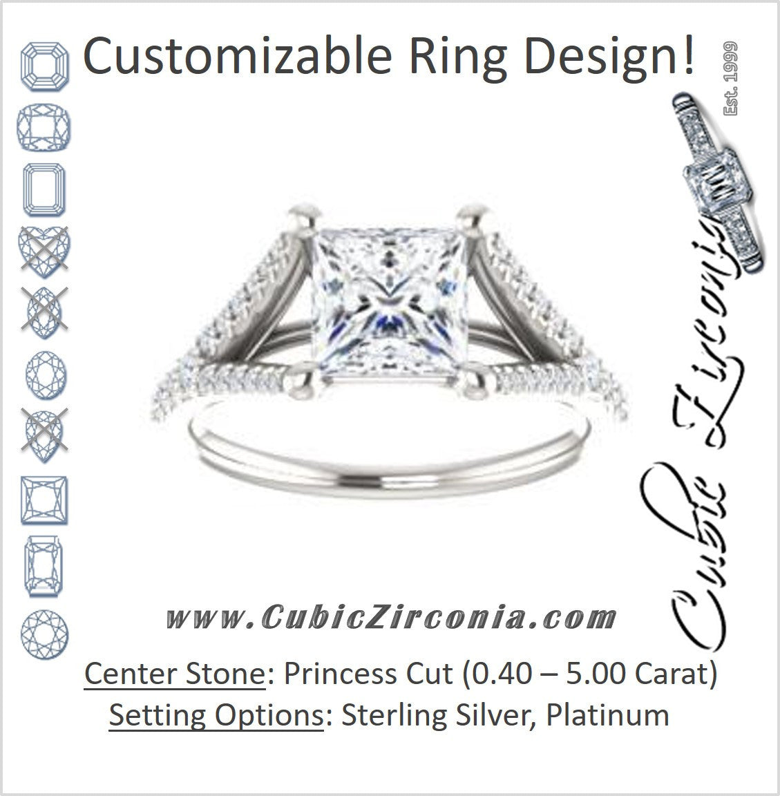 Cubic Zirconia Engagement Ring- The Mailynne (Customizable Princess Cut Style with Split-Pavé Band)