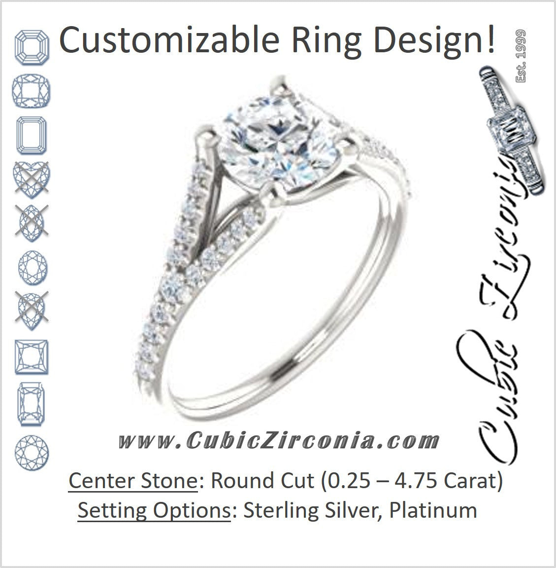 Cubic Zirconia Engagement Ring- The Mailynne (Customizable Round Cut Style with Split-Pavé Band)