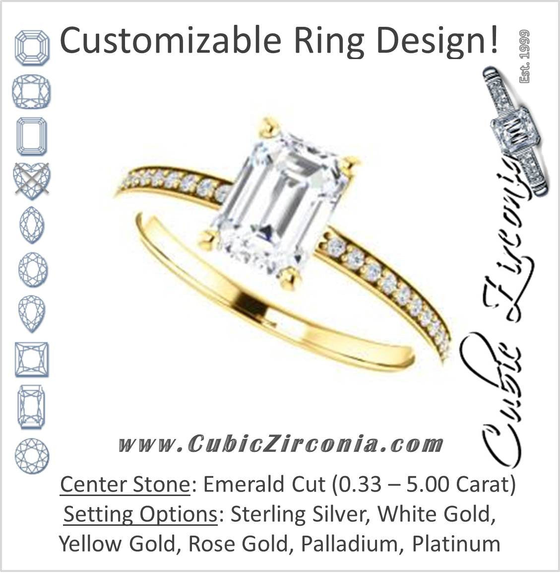 Cubic Zirconia Engagement Ring- The Majo Jimena (Customizable Emerald Cut Design with Thin Pavé Band)