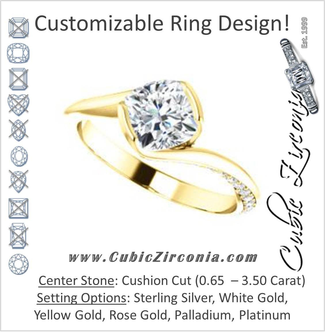 Cubic Zirconia Engagement Ring- The Marcia (Customizable Bezel-set Cushion Cut Bypass Design with 3-sided Mobius-inspired Split-Pavé Band)