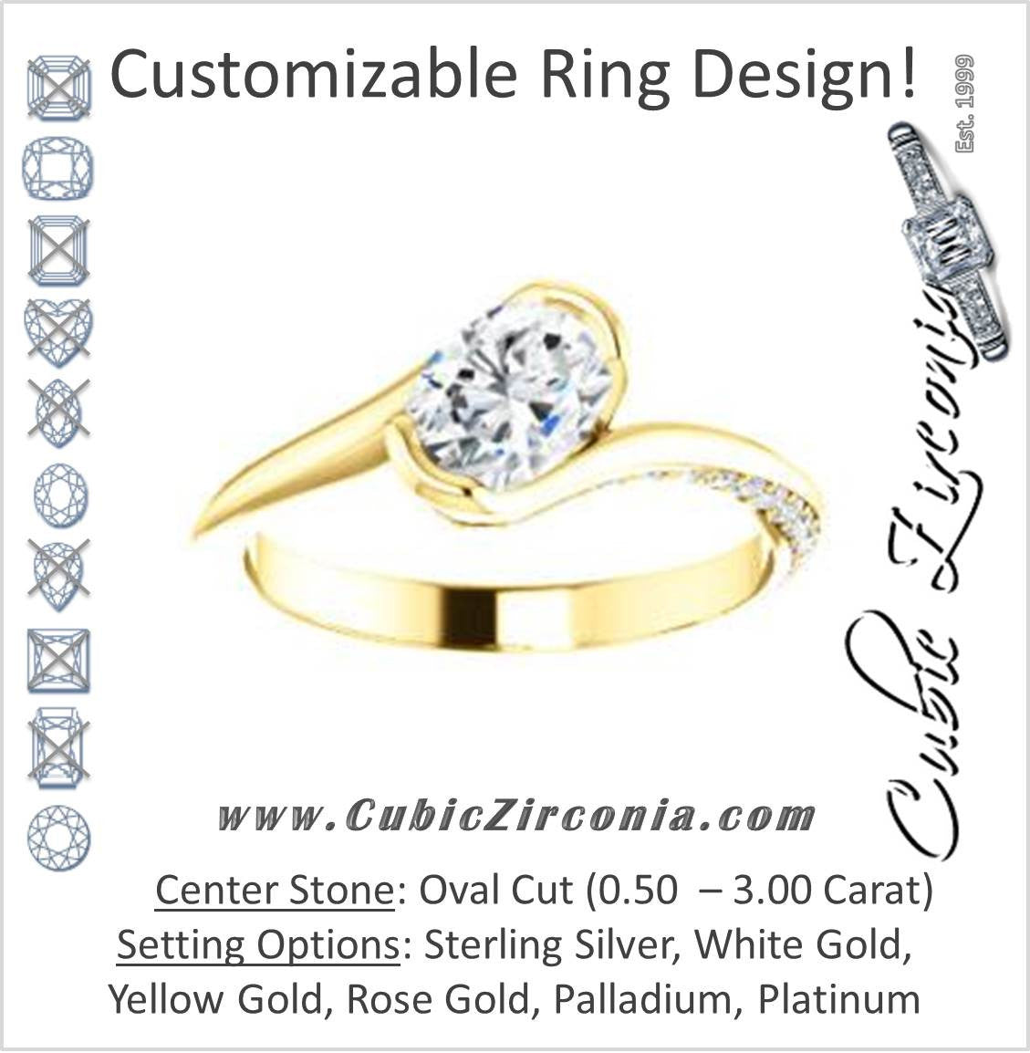Cubic Zirconia Engagement Ring- The Marcia (Customizable Bezel-set Oval Cut Bypass Design with 3-sided Mobius-inspired Split-Pavé Band)