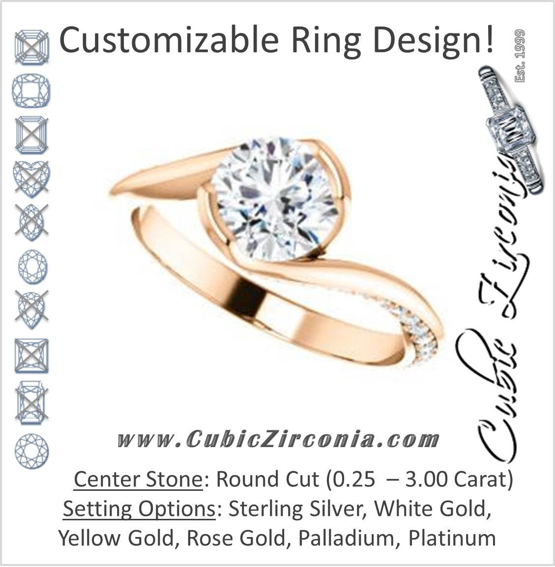 Cubic Zirconia Engagement Ring- The Marcia (Customizable Bezel-set Round Cut Bypass Design with 3-sided Mobius-inspired Split-Pavé Band)