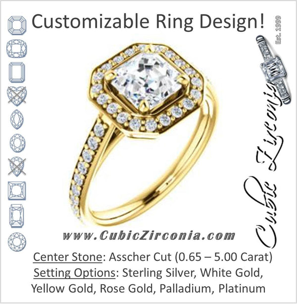 Cubic Zirconia Engagement Ring- The Margie Mae (Customizable Asscher Cut Halo-Style with Pavé Band)