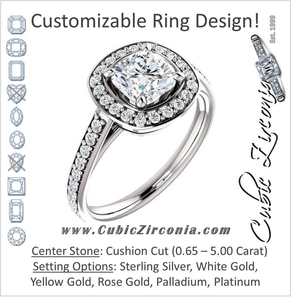 Cubic Zirconia Engagement Ring- The Margie Mae (Customizable Cushion Cut Halo-Style with Pavé Band)