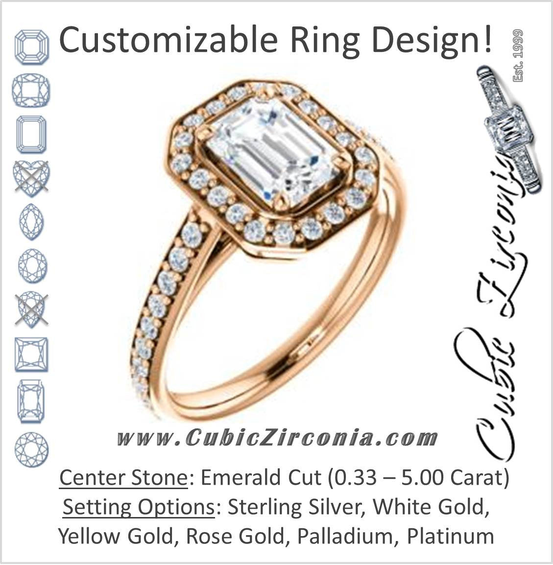 Cubic Zirconia Engagement Ring- The Margie Mae (Customizable Emerald Cut Halo-Style with Pavé Band)