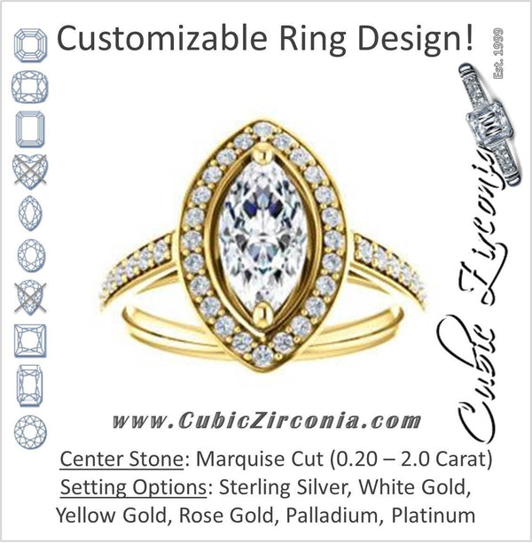 Cubic Zirconia Engagement Ring- The Margie Mae (Customizable Marquise Cut Halo-Style with Pavé Band)