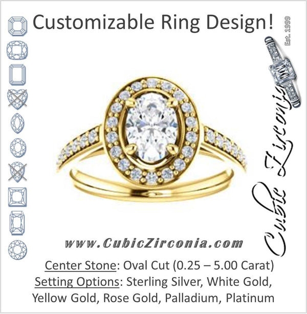 Cubic Zirconia Engagement Ring- The Margie Mae (Customizable Oval Cut Halo-Style with Pavé Band)