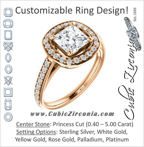 Cubic Zirconia Engagement Ring- The Margie Mae (Customizable Princess Cut Halo-Style with Pavé Band)