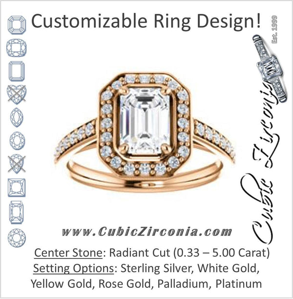 Cubic Zirconia Engagement Ring- The Margie Mae (Customizable Radiant Cut Halo-Style with Pavé Band)