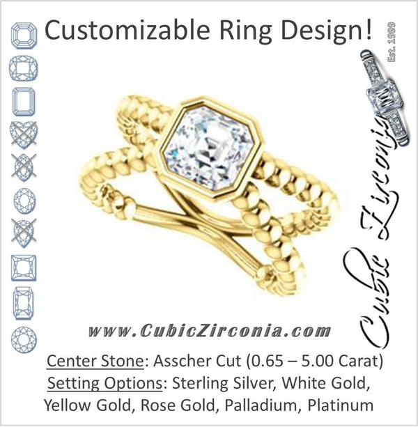 Cubic Zirconia Engagement Ring- The Maria Leeslii  (Customizable Bezel-set Asscher Cut Solitaire with Wide Beaded-Metal Split-Band)