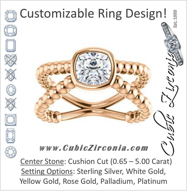 Cubic Zirconia Engagement Ring- The Maria Leeslii  (Customizable Bezel-set Cushion Cut Solitaire with Wide Beaded-Metal Split-Band)