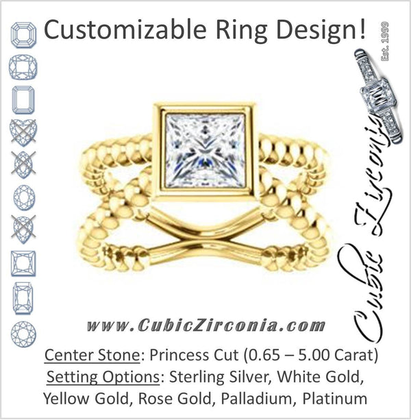 Cubic Zirconia Engagement Ring- The Maria Leeslii  (Customizable Bezel-set Princess Cut Solitaire with Wide Beaded-Metal Split-Band)