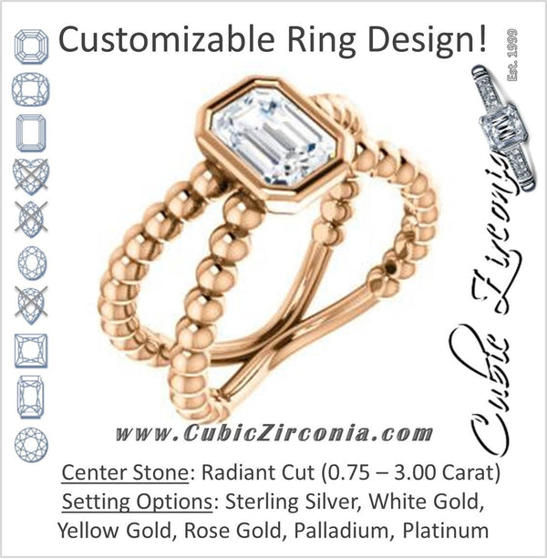 Cubic Zirconia Engagement Ring- The Maria Leeslii  (Customizable Bezel-set Radiant Cut Solitaire with Wide Beaded-Metal Split-Band)