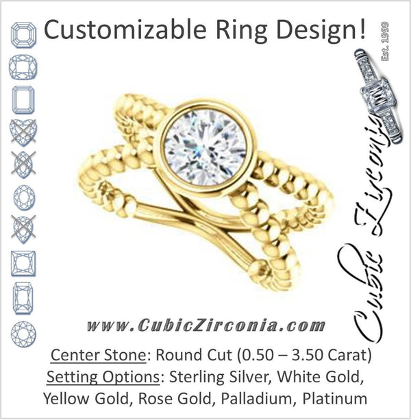 Cubic Zirconia Engagement Ring- The Maria Leeslii  (Customizable Bezel-set Round Cut Solitaire with Wide Beaded-Metal Split-Band)