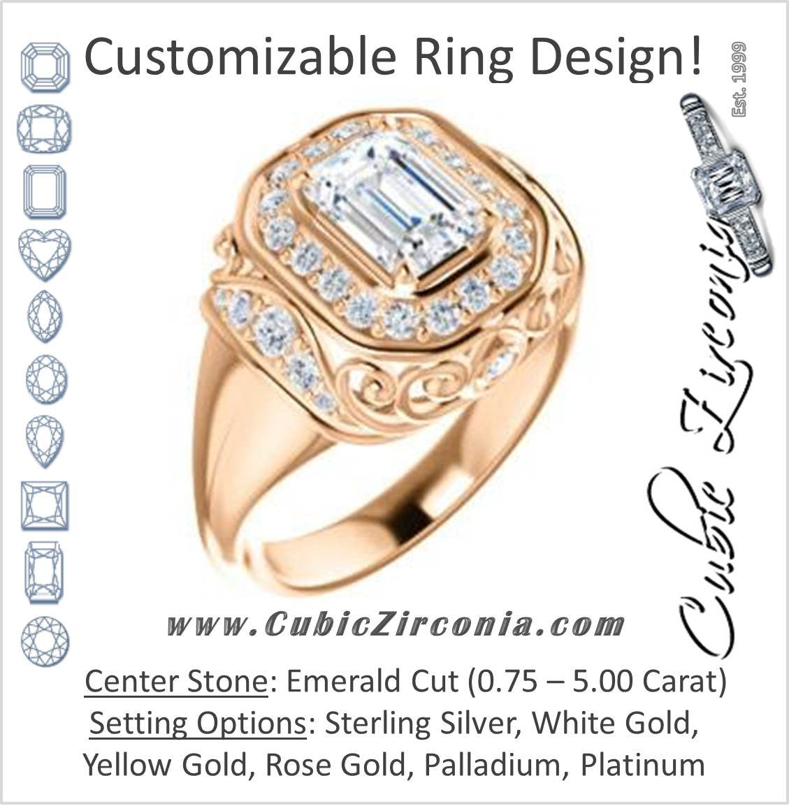 Cubic Zirconia Engagement Ring- The Mariah (Emerald Center Halo-Style Lattice with Accented Step-Setting)