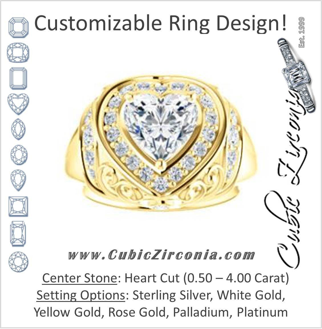 Cubic Zirconia Engagement Ring- The Mariah (Heart Center Halo-Style Lattice with Accented Step-Setting)