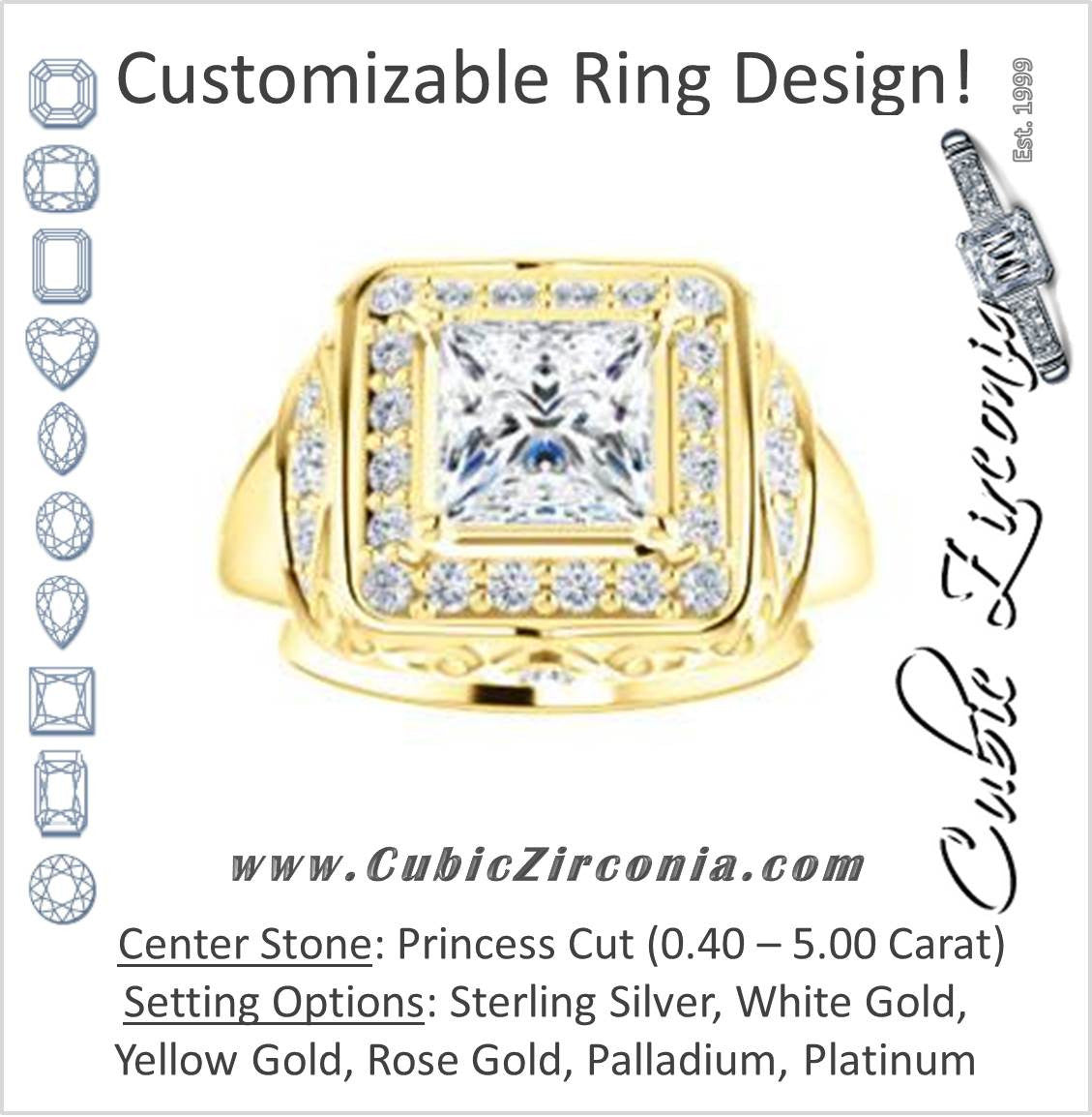 Cubic Zirconia Engagement Ring- The Mariah (Princess Center Halo-Style Lattice with Accented Step-Setting)