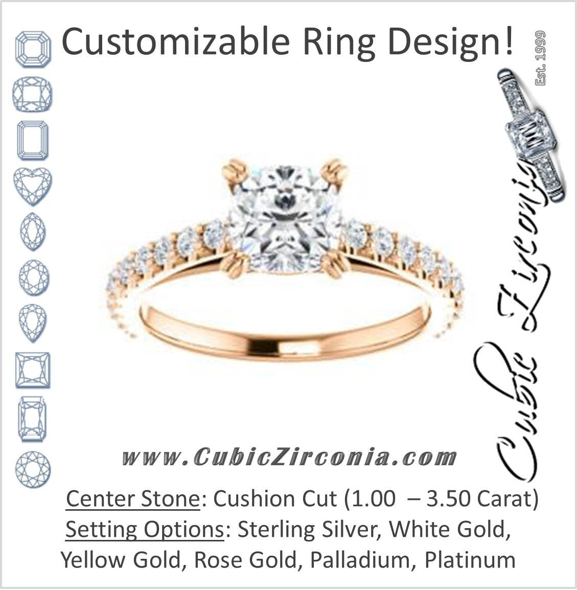Cubic Zirconia Engagement Ring- The Marianne (Customizable Cathedral-set Cushion Cut Style with Thin Pavé Band)