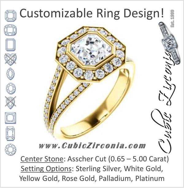 Cubic Zirconia Engagement Ring- The Maricela (Customizable Bezel-Halo Asscher Cut Ring with Wide Tapered Pavé Split Band & Decorative Trellis)
