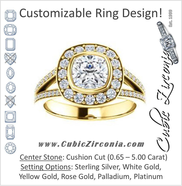 Cubic Zirconia Engagement Ring- The Maricela (Customizable Bezel-Halo Cushion Cut Ring with Wide Tapered Pavé Split Band & Decorative Trellis)
