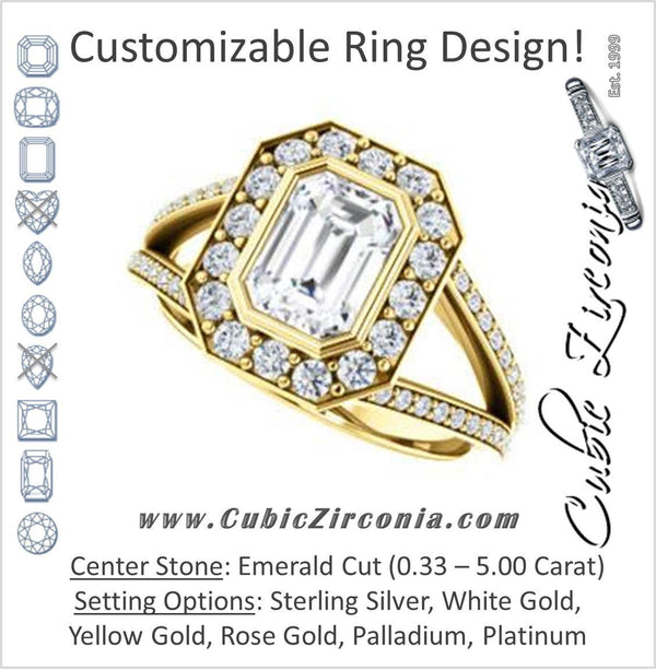 Cubic Zirconia Engagement Ring- The Maricela (Customizable Bezel-Halo Emerald Cut Ring with Wide Tapered Pavé Split Band & Decorative Trellis)