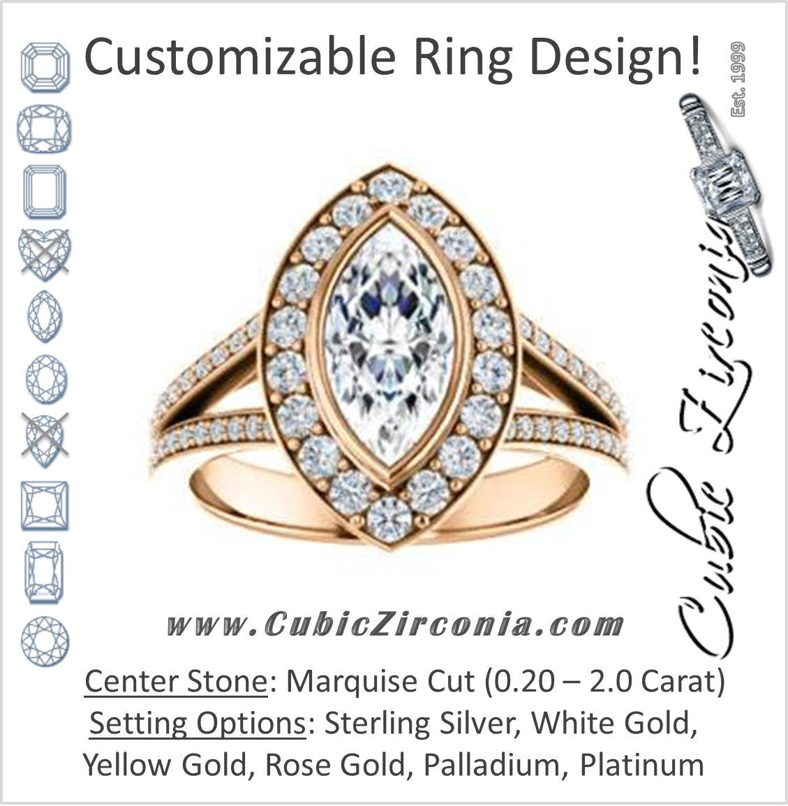Cubic Zirconia Engagement Ring- The Maricela (Customizable Bezel-Halo Marquise Cut Ring with Wide Tapered Pavé Split Band & Decorative Trellis)