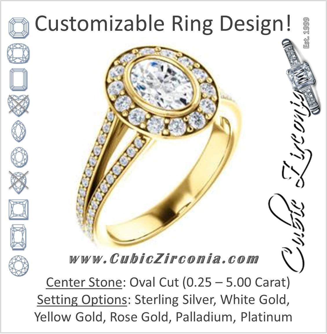 Cubic Zirconia Engagement Ring- The Maricela (Customizable Bezel-Halo Oval Cut Ring with Wide Tapered Pavé Split Band & Decorative Trellis)