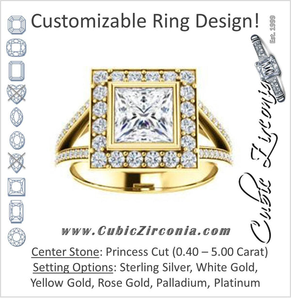 Cubic Zirconia Engagement Ring- The Maricela (Customizable Bezel-Halo Princess Cut Ring with Wide Tapered Pavé Split Band & Decorative Trellis)