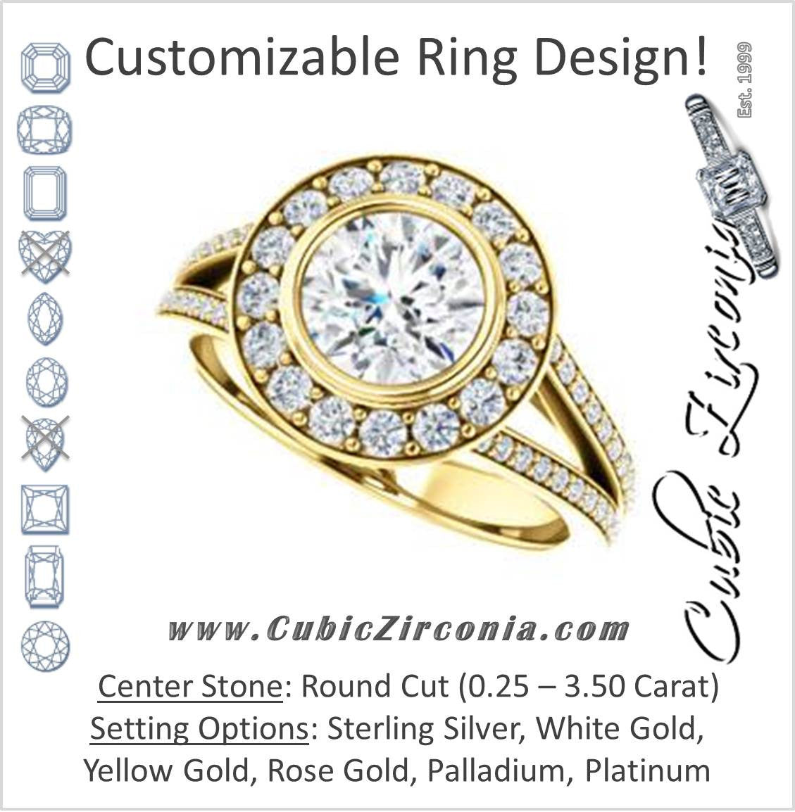 Cubic Zirconia Engagement Ring- The Maricela (Customizable Bezel-Halo Round Cut Ring with Wide Tapered Pavé Split Band & Decorative Trellis)