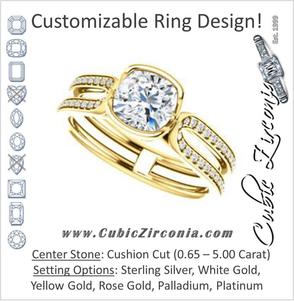 Cubic Zirconia Engagement Ring- The Mariela (Customizable Cathedral-Bezel Cushion Cut Style with Wide Straight Split-Pavé Band)
