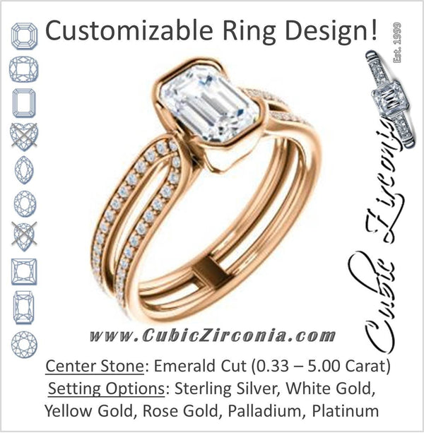 Cubic Zirconia Engagement Ring- The Mariela (Customizable Cathedral-Bezel Emerald Cut Style with Wide Straight Split-Pavé Band)