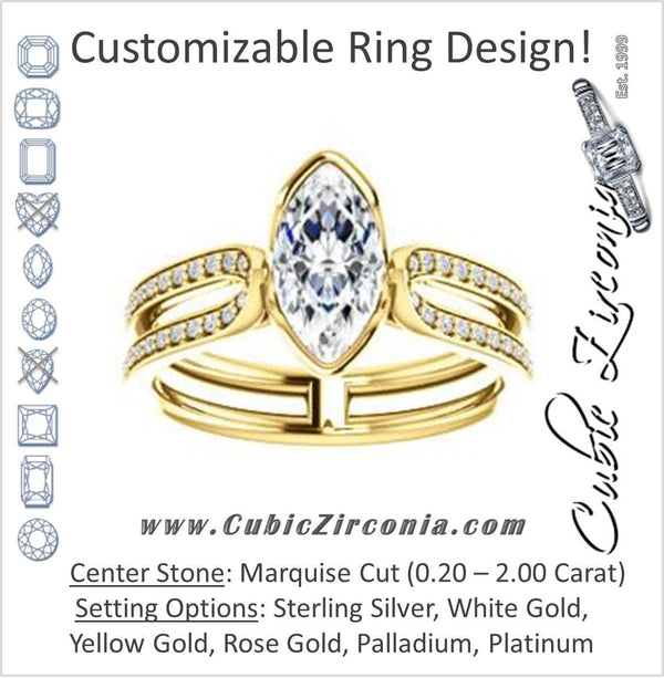 Cubic Zirconia Engagement Ring- The Mariela (Customizable Cathedral-Bezel Marquise Cut Style with Wide Straight Split-Pavé Band)