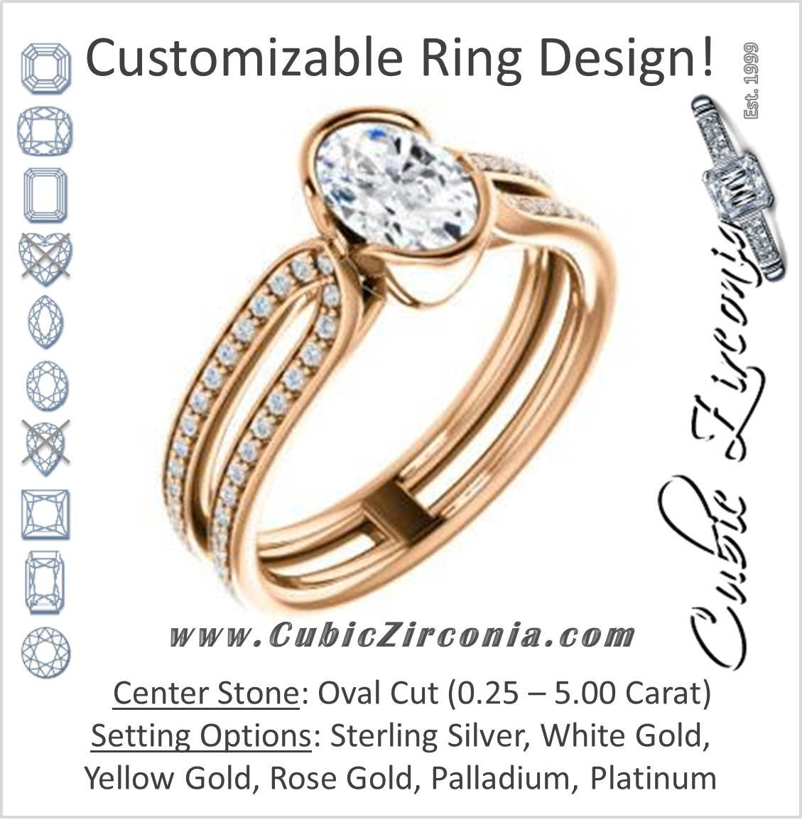 Cubic Zirconia Engagement Ring- The Mariela (Customizable Cathedral-Bezel Oval Cut Style with Wide Straight Split-Pavé Band)
