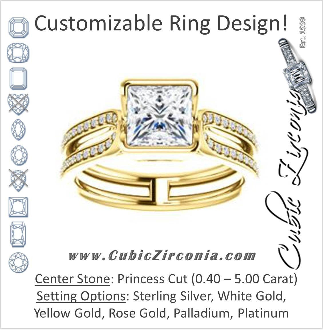 Cubic Zirconia Engagement Ring- The Mariela (Customizable Cathedral-Bezel Princess Cut Style with Wide Straight Split-Pavé Band)