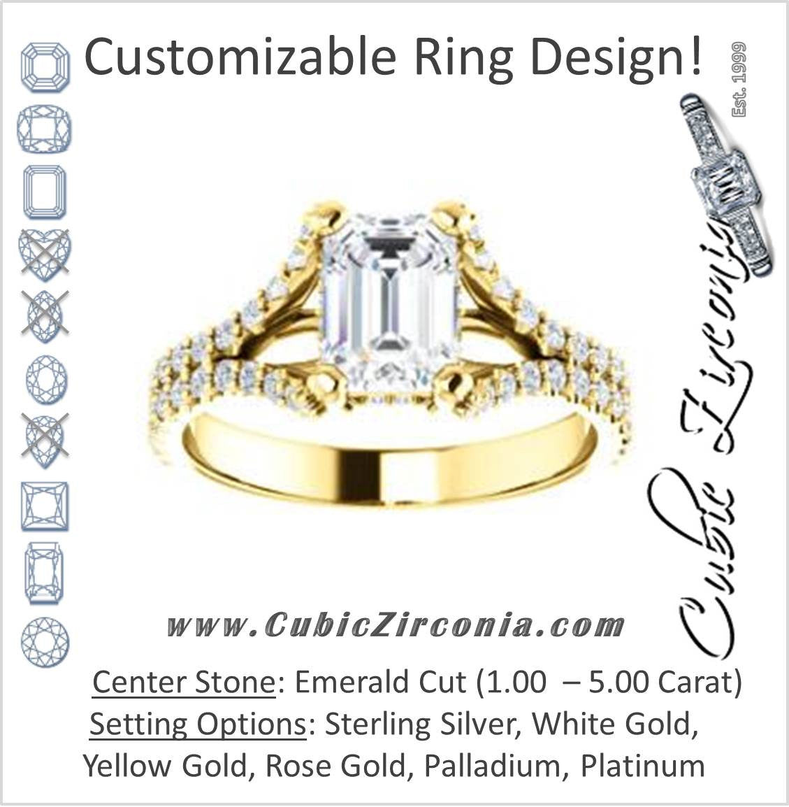 Cubic Zirconia Engagement Ring- The Marilyn (Customizable Cathedral-set Emerald Cut Center with Split-Pavé Band and Prong Accents)