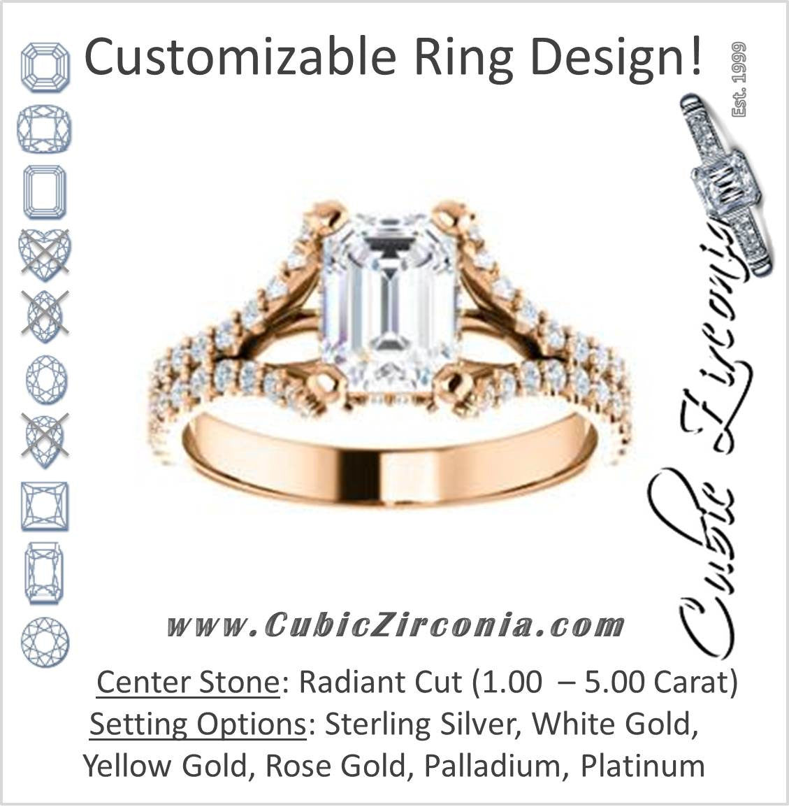 Cubic Zirconia Engagement Ring- The Marilyn (Customizable Cathedral-set Radiant Cut Center with Split-Pavé Band and Prong Accents)