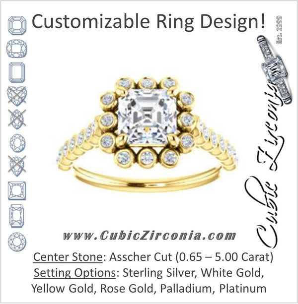 Cubic Zirconia Engagement Ring- The Maritere (Customizable Asscher Cut style with Round-Bezel Floral Halo and Accented Band)