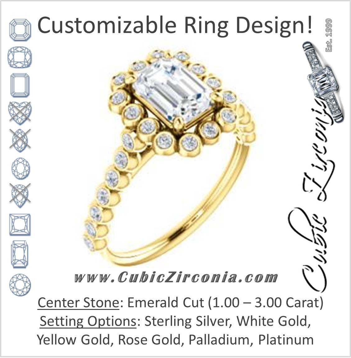 Cubic Zirconia Engagement Ring- The Maritere (Customizable Emerald Cut style with Round-Bezel Floral Halo and Accented Band)