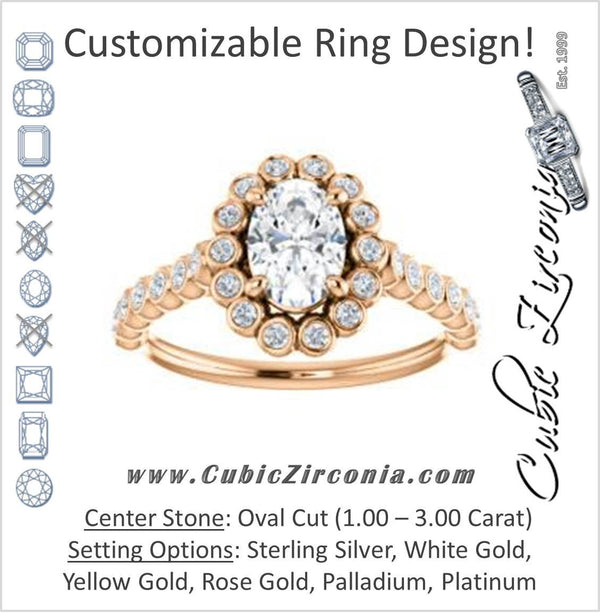 Cubic Zirconia Engagement Ring- The Maritere (Customizable Oval Cut style with Round-Bezel Floral Halo and Accented Band)