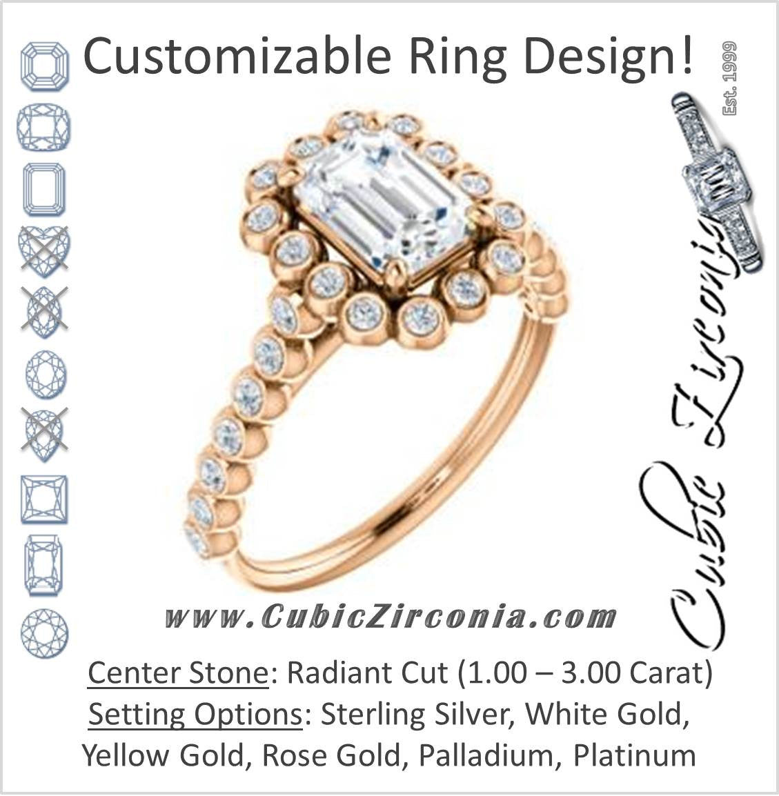 Cubic Zirconia Engagement Ring- The Maritere (Customizable Radiant Cut style with Round-Bezel Floral Halo and Accented Band)