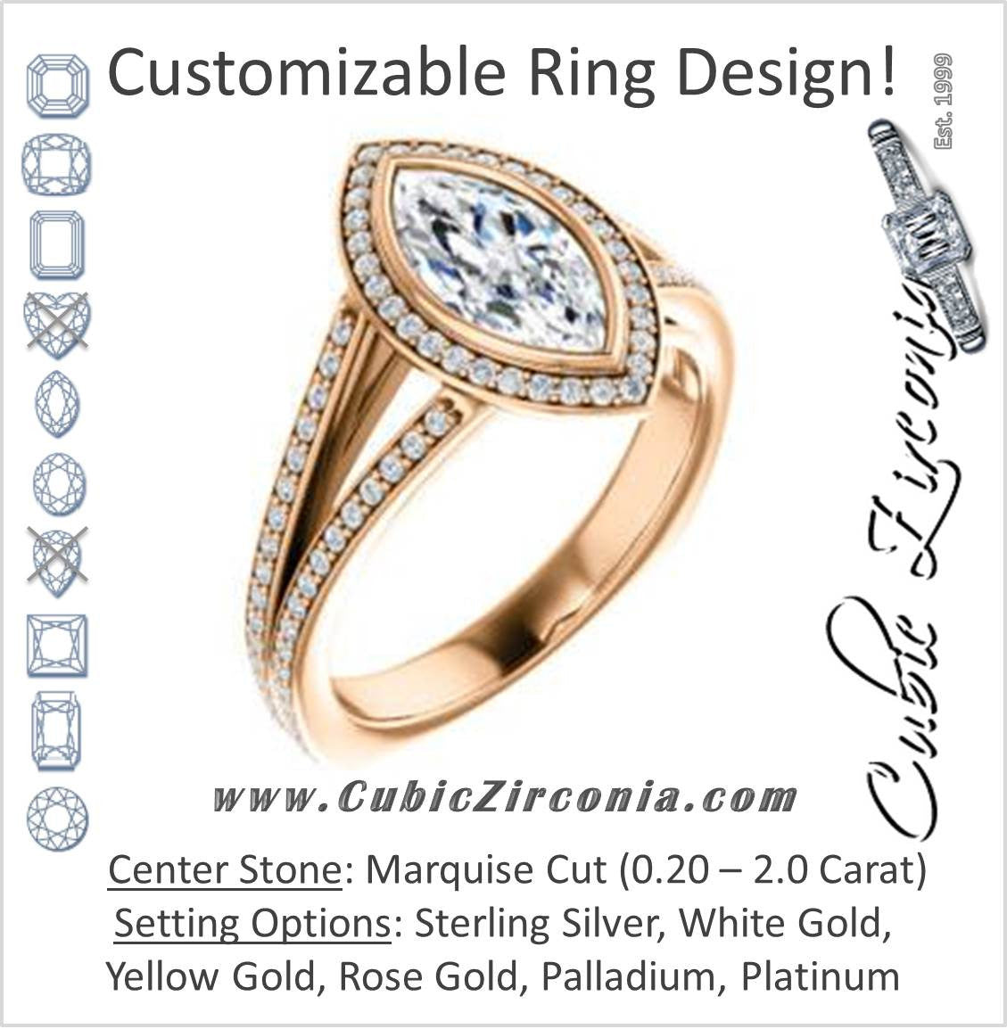 Cubic Zirconia Engagement Ring- The Maritza (Customizable Bezel-Halo Marquise Cut Style with Pavé Split Band & Euro Shank)